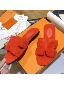 Hermes Oran Shearling Wool Flat Slide Sandals Orange 2021