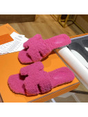Hermes Oran Shearling Wool Flat Slide Sandals Pink 2021