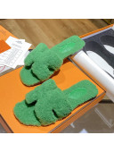 Hermes Oran Shearling Wool Flat Slide Sandals Green 2021