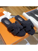 Hermes Oran Shearling Wool Flat Slide Sandals Black 2021