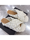 Bottega Veneta Lambskin Woven Cross Strap Flat Slide Sandals White 2020
