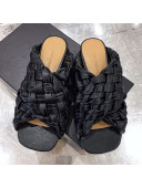 Bottega Veneta Lambskin Woven Cross Strap Flat Slide Sandals Black 2020