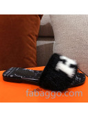Hermes Mink Fur H Flat Side Sandals Black 2020