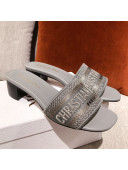 Dior Dway Embroidered Cotton Heel Slide Sandals 5cm Grey 2021