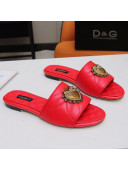 Dolce&Gabbana DG Charm Calfskin Flat Slide Sandals Red 2021