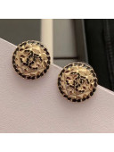 Chanel Quilted Metal Chain Leather Round Stud Earrings AB3047 Black/Gold 2019