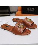 Dolce&Gabbana DG Charm Calfskin Flat Slide Sandals Brown 2021