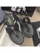 Chanel Lambskin Flat Thong Sandals with Chain Bow Black/Gold 2021