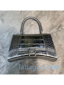 Balenciaga Hourglass Small Top Handle Bag in Metallic Crocodile Embossed Silver 2020