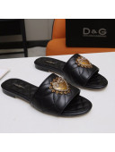 Dolce&Gabbana DG Charm Calfskin Flat Slide Sandals Black 2021