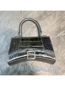 Balenciaga Hourglass Mini Top Handle Bag in Metallic Crocodile Embossed Silver 2020