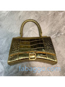 Balenciaga Hourglass Small Top Handle Bag in Metallic Crocodile Embossed Leather Gold 2020
