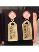 Chanel Metal Tag Short Earrings AB3078 Gold/Pink 2019