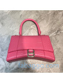 Balenciaga Hourglass Small Top Handle Bag in Shiny Crocodile Embossed Leather Light Pink/Silver 2020