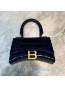 Balenciaga Hourglass Mini Top Handle Bag in Shiny Crocodile Embossed Leather Navy Blue/Gold 2020