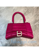 Balenciaga Hourglass Mini Top Handle Bag in Shiny Crocodile Embossed Leather Hot Pink/Silver 2020