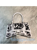 Balenciaga Hourglass Mini Top Handle Bag in Graffiti Smooth Calfskin White/Silver 2020