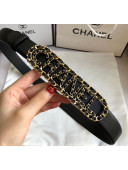Chanel Width 3cm Leather Belt with Chain Long Buckle Black 2020