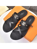 Louis Vuitton Calfskin Cross Strap Flat Slide Sandals Black 2021