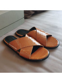 Balenciaga Stone Embossed Patent Calfskin Cross Strap Flat Slide Sandals Brown 2021