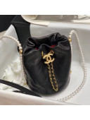 Chanel Quilted Small Drawstring Bucket Bag with Pearl Strap Black 2021
