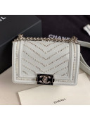 Chanel Pearl Chevron Calfskin Small Boy Flap Bag A67085 White/Silver 2020