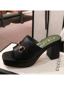 Gucci Leather Horsebit Mid-Heel Platform Slide Sandal ‎602390 Black 2020