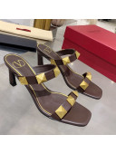 Valentino Rockstud Double Strap Heel Slide Sandals Brown 2021