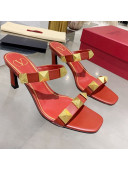 Valentino Rockstud Double Strap Heel Slide Sandals Red 2021