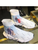 Balenciaga Stretch Knit Sock Speed Print Boot Sneakers White/Light Blue 2019 (For Women and Men)
