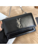 Saint Laurent Sunset Chain Wallet in Toothpick Grained Leather 452157 Black/Silver 2019