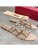 Valentino Rockstud Patent Leather Flat Slide Sandal Apricot 2021