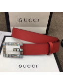 Gucci Width 3.5cm Leather Belt with Crystal Square G Buckle Red 2020