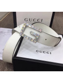 Gucci Width 3.5cm Leather Belt with Crystal Square G Buckle White 2020
