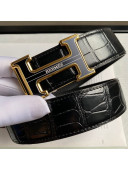 Hermes Crocodile Embossed Leather Belt 3.8cm with H Buckle Black/Gold 2021
