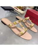 Valentino Roman Stud Calfskin Flat Slide Sandals Nude Pink 2021
