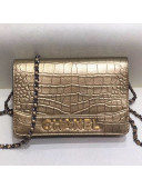Chanel Metallic Crocodile Embossed Leather Gabrielle Wallet on Chain Gold 2019