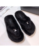 Chanel Mink Fur Flat Thong Sandals Black 2020