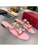 Valentino Roman Stud Calfskin Flat Slide Sandals Light Pink 2021