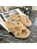 Chanel Fur Cross Straps Flat Sandals Beige 2020