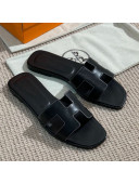 Hermes Oran Shiny Leather H Slide Sandals Black 2021