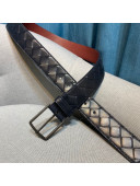Bottega Veneta Woven Leather Belt 35mm with Matte Frame Buckle Navy Blue 2019