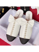 Chanel Wax Calfskin Flat Mules with Pearl and Bow White 2021