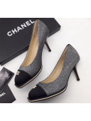 Chanel Logo Glitter Fabric Pumps Heel 65mm Silver/Black 2018