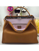 Fendi Calfskin Peekaboo Regular Bag with Multicolor Bar Brown