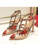 Valentino Rockstud Ankle Strap Calfskin Pump With Rosy Printed And 9.5cm Heel Nude 2020