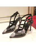 Valentino Rockstud Ankle Strap Calfskin Pump With Rosy Printed And 9.5cm Heel Black 2020