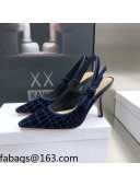 Dior J'Adior Slingback Pumps 9.5cm in Navy Blue Crocodile-Effect Embroidered Velvet 2021