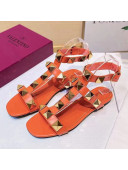 Valentino Roman Stud Calfskin Strap Flat Sandals Orange 2021