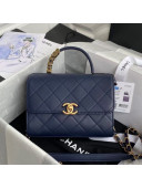 Chanel Quilted Leather Flap Bag with Top Handle and Pearl Metal CHANEL Charm AS2059 Blue 2020